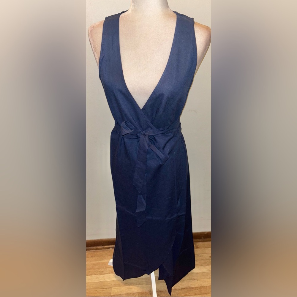 NWT Andie Swim Linen Blend Maxi Wrap Dress Medium V Neck Blue Resort Vacation